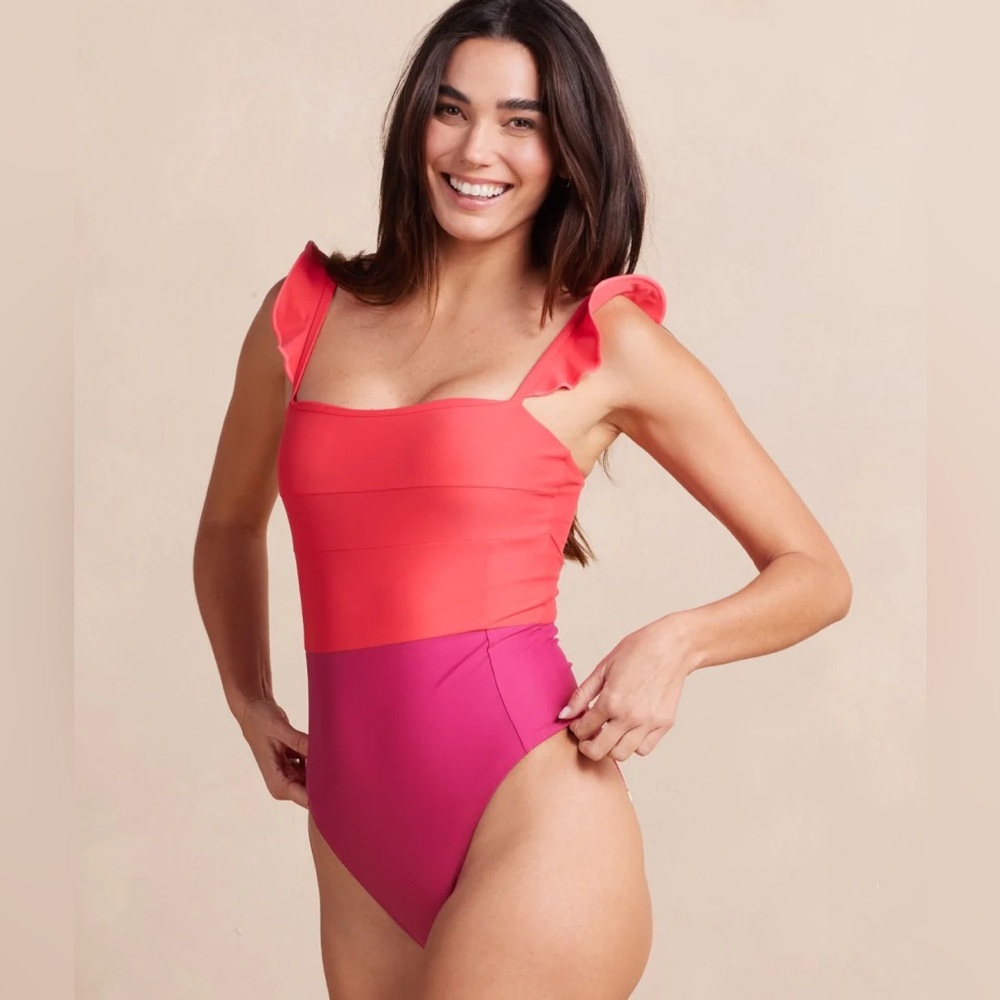summersalt Colorblock Ruffle-Strap One-Piece in Red and Pink